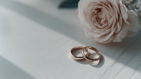 View of two simple, metallic bands, presumably wedding or commitment rings, positioned on a light, textured, possibly painted wooden surface. A large, pale pink or beige rose is situated in the upper right, partially visible, with strong diagonal shadows falling across the foreground, creating a moody and intimate atmosphere.の素材
