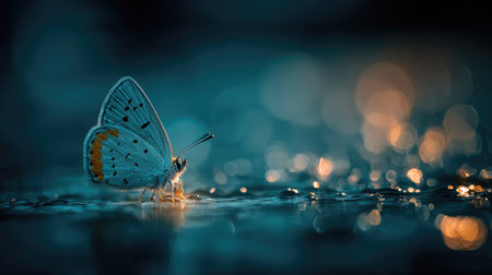 Extreme  photograph captures a small, pale blue butterfly with subtle orange markings on its wings, delicately perched near the edge of a reflective, wet surface. The background is dominated by a deep teal and dark blue ambiance, dramatically illuminated by out-of-focus, warm, circular bokeh lights creating a magical, glowing atmosphere.の素材