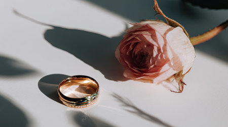 High-angle,  photograph capturing a metallic gold band featuring small embellishments lying on a bright white surface next to a partially opened, pale pink or blush-toned rosebud. Strong, directional sunlight creates deep, contrasting shadows cast by the objects and possibly foliage overhead, enhancing the texture and form of both the ring and the wilting flower.の素材