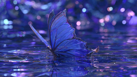 Detailed,  view of a luminous, deep blue butterfly with translucent wings resting right at the edge of a body of water, its lower body touching the rippling surface. The background is composed of soft focus lights, predominantly in shades of purple and blue, creating a magical and atmospheric bokeh effect.の素材