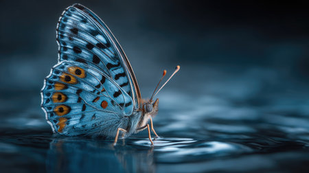 Extreme  photograph focusing on a single butterfly with striking blue and orange patterned wings, standing on a dark, rippling, wet surface that creates a subtle reflection below it.の素材