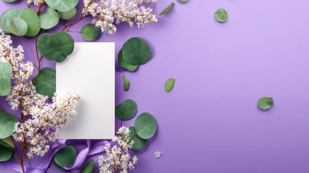 Flat lay composition featuring a rectangular white card positioned slightly left of center against a soft lavender backdrop, bordered on the left and bottom by branches of delicate white flowers and numerous rounded green leaves, with a folded purple ribbon underneath the card and scattered leaves floating on the right side of the frame, providing ample empty space for text overlay.の素材