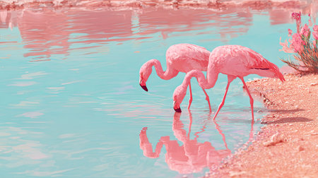Two pink flamingos are positioned at the shallow edge of vividly colored water, one bird dipping its beak into the liquid, with their reflections visible below them. The surrounding bank is a warm, sandy tone, contrasting sharply with the bright aqua of the water, and some pinkish foliage is visible on the right side.の素材