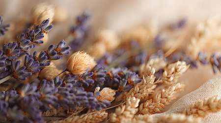 Photograph featuring a mix of dried lavender flowers with their characteristic purple florets alongside dried cereal grain stalks, possibly wheat or barley, resting on a lightly textured, neutral-toned fabric. The composition uses shallow depth of field, isolating the foreground elements and creating a soft, warm, and calming aesthetic.の素材