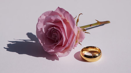High angle,  still life composition featuring a single, partially opened lilac pink rose lying horizontally next to a polished, smooth gold band on a bright white or very light surface, creating sharp, pronounced shadows.の素材