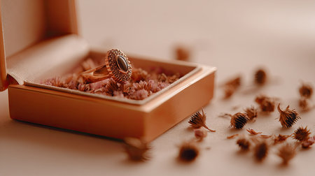 , shallow depth of field photograph featuring a richly detailed, oval-shaped ring with a dark central stone and textured metalwork, presented inside a small, open, rose-gold colored jewelry box resting on a pale surface. Dried, small, brown and pinkish flower heads and petals are scattered artistically around the box on the surface.の素材