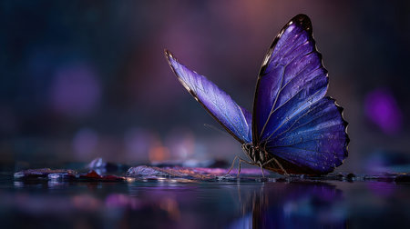 Detailed, low-angle view of a butterfly with brilliant, jewel-toned wings, primarily purple and deep blue with hints of iridescence, delicately perched near the surface of water. The wings are slightly raised, showing texture and minuscule droplets, while the background is dark and softly blurred with colorful, out-of-focus light orbs, creating a moody and atmospheric scene with a clear reflection below.の素材