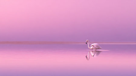 Single, light-colored flamingo is positioned in shallow, placid water, casting a clear reflection below. The scene is dominated by gradients of pink and purple across both the expansive sky and the water surface, creating a tranquil and minimalist composition with a distinct horizon line separating the elements.の素材