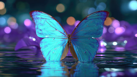 Strikingly colored, bright cyan-blue butterfly is positioned with its lower wings partially submerged in rippling, dark water. The background features an abstract, shallow depth of field with glowing circular lights (bokeh) in shades of purple, pink, and warm amber, creating a dreamlike, dramatic atmosphere.の素材