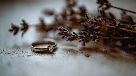 , moody photograph featuring a single silver band with an oval-cut stone, positioned beside a cluster of dried lavender flowers resting on a light, textured surface with visible grain.の素材