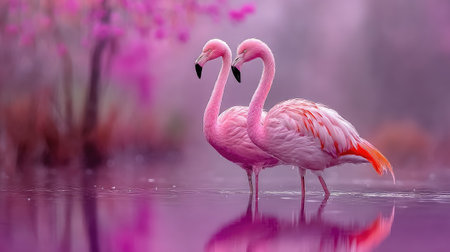 Two bright pink flamingos are positioned side-by-side in shallow water, their forms reflected clearly on the calm surface below them. The background is dominated by soft focus shapes and hues of magenta and purple, suggesting flowering trees or dense, colorful vegetation in a misty or atmospheric setting.の素材