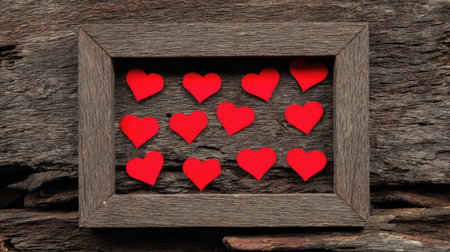 Top-down view of twelve small, vibrant red paper hearts arranged neatly within the boundaries of a dark, weathered wooden picture frame which rests upon a contrasting background of rough, aged wood planks.の素材
