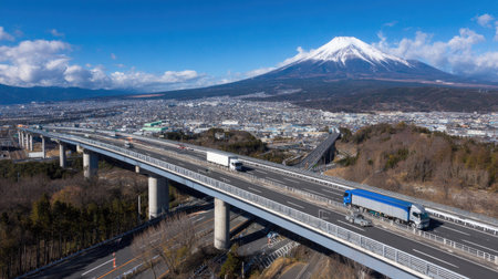Aerial view captures a multi-lane elevated expressway traversing a hilly, partially wooded area, with large semi-trailer trucks actively using the roadway. In the background, a densely populated city sprawls beneath the massive, snow-capped stratovolcano, contrasting modern transit with natural grandeur under a bright, clear blue sky with scattered white clouds.の素材