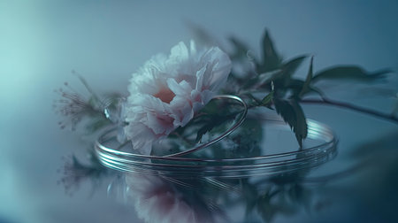 , artistic photograph featuring a pale, soft-petaled flower resting next to several thin, circular metal bands or hoops on a highly reflective surface, bathed in cool, muted blue and cyan lighting, creating a serene and ethereal still life composition.の素材