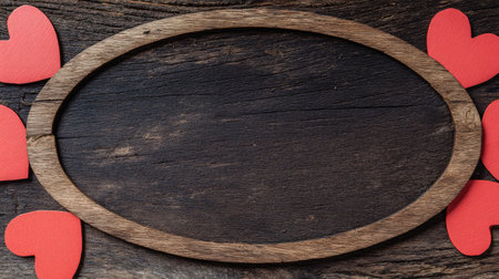 Overhead view features a dark, rustic wooden surface with deep grain, centering an oval wooden frame. Several bright red, cutout heart shapes are placed around the perimeter of the frame, offering a decorative border suitable for a romantic message or template.の素材