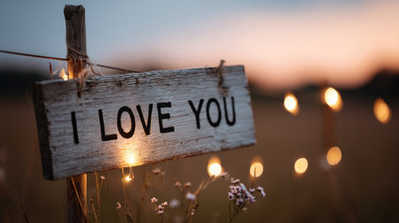 Weathered, light-colored wooden plank bearing the inscription "I LOVE YOU" is attached to a rough wooden post outdoors. Small, warm fairy lights are strung around and beneath the sign, casting a soft glow. The scene is set during the fading light of dusk or twilight, with blurred, circular bokeh lights visible in the background across an open field, and some small wildflowers in the foreground.の素材