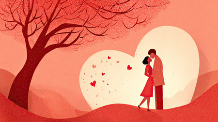 Artistic, stylized illustration dominated by shades of red and pink featuring a man and a woman standing close together in an intimate embrace. They are positioned in front of a large, glowing heart shape, and several small hearts appear to be floating around them in the scene, which also includes a silhouetted bare tree on the left and rolling hills in the foreground.の素材