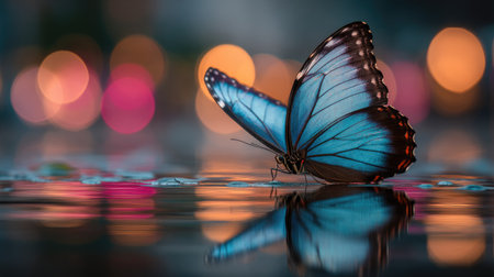 Stunning,  photograph of a vivid blue butterfly perched on a damp, reflective surface. The background is heavily blurred into soft circles of warm orange and magenta light, creating a strong contrast with the sharp details and bright color of the insect.の素材