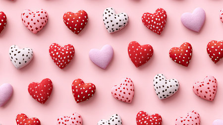 Seamless overhead view showcasing numerous small, stuffed heart shapes arranged in a repeating grid against a smooth, light pink surface. The hearts feature different color combinations, including solid light pink, red with white speckles, white with black speckles, and light pink with small red speckles, creating a vibrant yet delicate pattern suitable for romantic themes.の素材