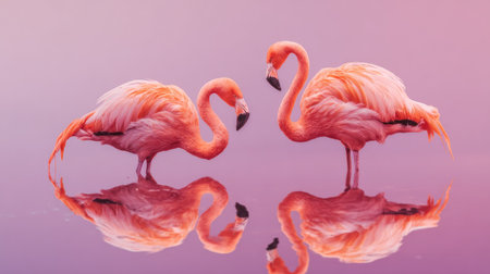 Two bright pink wading birds, appearing to be flamingos, are captured standing still in shallow, still water that creates a near-perfect mirrored reflection beneath them. The overall lighting casts a soft, diffused pink and lavender hue across the background and water surface, emphasizing the tropical wildlife subjects.の素材