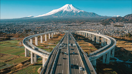 Expansive aerial view capturing a complex elevated highway interchange with traffic flowing, set against the backdrop of a large, prominent, snow-covered stratovolcano dominating the horizon above a densely packed residential district and surrounding fields under a bright, clear blue sky.の素材