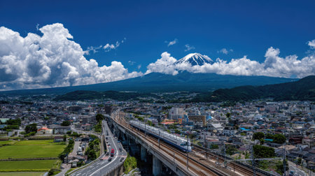 Aerial or high-angle photograph showcases a densely populated urban area with numerous low-rise buildings situated against a backdrop dominated by a majestic, partially cloud-shrouded volcanic mountain with a snowy summit. A high-speed train runs along an elevated railway viaduct cutting through the cityscape, paralleled by a busy ground-level road, contrasting natural grandeur with human development and rapid transit.の素材