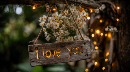 Image featuring a weathered, dark wooden plank sign inscribed with the phrase "I love you" glowing with internal or backlit illumination. The sign is suspended by natural twine from a tree branch. It is surrounded by delicate clusters of small white flowers and strings of warm, golden fairy lights creating a soft, romantic bokeh effect in the dark, green-toned background.の素材