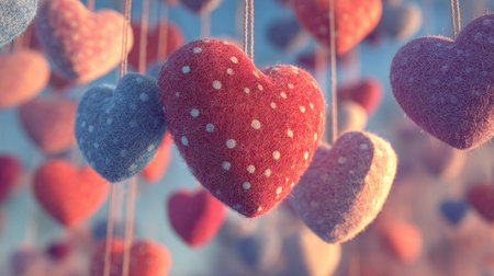 View of several three-dimensional heart-shaped objects made from fuzzy or felted material, suspended by thin threads against an out-of-focus backdrop with soft lighting. The hearts feature various colors, including shades of red, pink, and blue, with the central red heart prominently displaying white polka dots.の素材