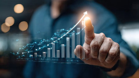 Shot depicts a person's hand reaching out to touch a luminous, three-dimensional digital projection displaying rising bar graphs and a line chart, symbolizing financial growth and future success in a modern, dimly lit corporate setting.の素材