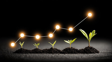 Row of five small green seedlings emerging from dark soil arranged in ascending height, mirroring a glowing line graph with bright, warm-toned circular data points indicating positive and continuous increase or improvement over time, set against a deep black background.の素材