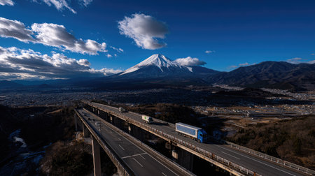 Aerial perspective captures a multi-lane elevated highway system traversing a hilly area, with large commercial transport trucks moving along the elevated structures. In the background, a massive, snow-covered volcanic peak rises dramatically above surrounding dark mountains and a sprawling town situated in the lowlands under a deep blue sky filled with scattered, textured white and gray clouds.の素材