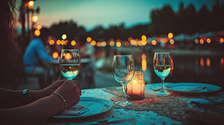 View of a table setting for two outdoors during twilight, featuring three wine glasses, one containing white wine, and a glowing candle centerpiece. A person's hands, adorned with a watch and bracelet, delicately hold one of the wine glasses. The background is softly blurred with numerous warm, out-of-focus lights suggesting an outdoor gathering near a body of water.の素材