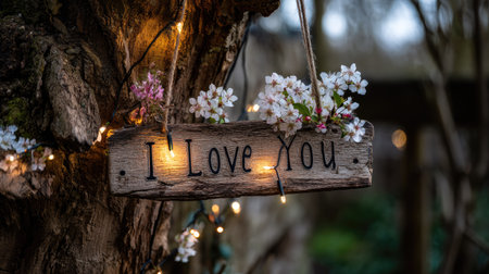 , softly focused image features a rustic wooden plank sign suspended by twine from a textured tree trunk, bearing the carved or painted words "I Love You". Small clusters of white and pink spring blossoms decorate the top edges of the sign, which is further enhanced by the gentle glow of small, warm string lights draped around it, creating an intimate and romantic atmosphere in an outdoor setting.の素材
