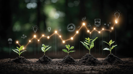 Five small green plants are shown growing sequentially out of mounds of dark soil, positioned against a dark, softly lit outdoor backdrop of foliage. A bright, illuminated line graph floats above the plants, indicating an upward trend with several data points marked by glowing orbs and small, sketched icons representing concepts like ideas, data analysis, and achievement, culminating in a bright light bulb symbol at the highest point.の素材