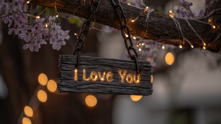 Shot focuses on a rustic wooden sign bearing the illuminated message "I Love You," suspended by dark metal chains from a tree limb. Delicate string lights with warm, soft yellow glows drape across the branch, creating a lovely bokeh effect in the background, while soft purple blossoms are visible on the left side, suggesting a romantic, enchanting outdoor setting during twilight or evening.の素材