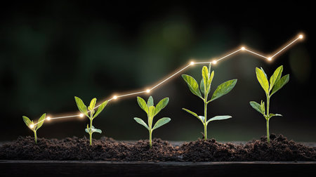 Five small, green plants are shown emerging sequentially from dark, rich soil, representing stages of growth. A luminous, golden line connects the tops of the plants, charting an upward and fluctuating trend over time, set against a deeply blurred, dark natural backdrop, symbolizing successful development or improvement.の素材