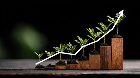Conceptual image depicting a series of small green seedlings planted in soil mounds atop ascending wooden rectangular blocks, arranged to resemble a bar chart. A bright white upward-pointing arrow traces a path over the tops of the plants, symbolizing continuous positive growth and success against a dark, slightly blurred background.の素材