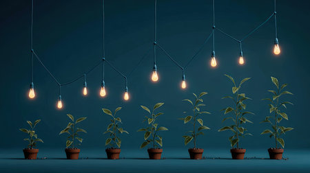 Seven potted plants are arranged in a row, showing a clear progression in height and leaf density, situated beneath a series of seven exposed, glowing filament light bulbs suspended from dark wiring against a deep teal or dark blue background, symbolizing concepts of development, nurturing, and growth over time.の素材