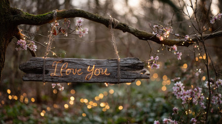 Shallow depth of field shot captures a weathered piece of wood hanging by twine from a dark tree branch in a wooded area. The words "I love you" are formed by small, glowing warm lights outlining the cursive script on the sign, which is surrounded by delicate pink blossoms and numerous out-of-focus golden lights creating a magical, romantic atmosphere in the soft, muted background.の素材