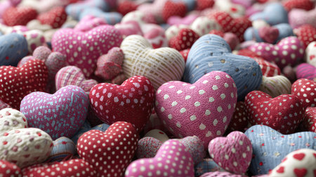 , high-angle view showcasing a large, textured collection of small, plump heart-shaped objects crafted from various patterned fabrics, including polka dots and subtle stripes in shades of red, pink, white, and light blue, suggesting themes of affection and celebration.の素材