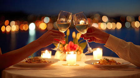 Two people, presumably a couple, are captured in a  shot raising and clinking wine glasses filled with white wine during an intimate dinner setting outdoors at night. The table is set with plates of food, several lit candles providing warm illumination, and a floral centerpiece, all set against a blurred background featuring shimmering, out-of-focus lights reflecting on water, suggesting a scenic waterfront location in an urban area after dark.の素材