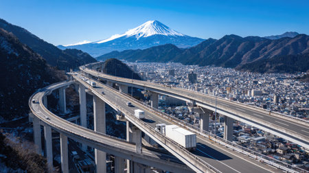Wide, high-angle view captures a complex, multi-layered elevated highway system supported by numerous tall concrete pillars, winding through a valley setting. In the background, a densely packed city spreads out, framed by dark, rugged hills, while a prominent, majestic snowcapped stratovolcano dominates the far horizon under a bright blue sky. Several trucks and cars navigate the sweeping curves of the elevated road.の素材