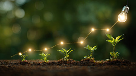 Row of five young green plants emerging from dark soil shows progressive height, with a glowing line connecting their growth stages, culminating in a brightly lit incandescent bulb suspended above the tallest plant, symbolizing achievement or successful development in an outdoor, blurred green environment.の素材