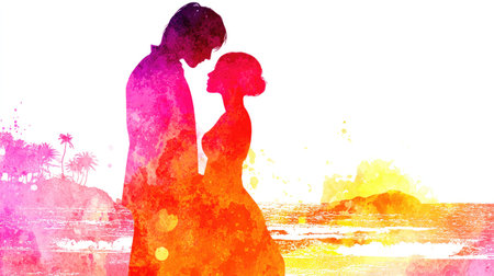Two figures, male and female, are depicted in dark silhouette against a bright white background, filled with intense, blended watercolor textures in shades of magenta, pink, orange, and yellow, suggesting a warm, tropical setting at dawn or dusk, complete with subtle outlines of palm trees and ocean waves.の素材