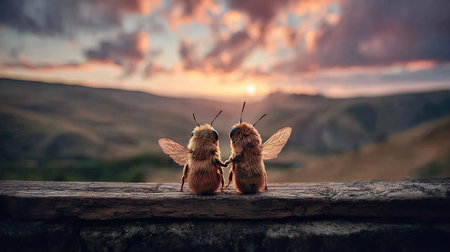 Two highly detailed, anthropomorphized furry insects, resembling bees, are positioned side-by-side, holding what appear to be their forelimbs, suggesting affection or companionship. They are sitting on the edge of a weathered, dark wooden surface that runs across the lower portion of the frame. The background is a sweeping, soft-focus natural scene featuring rolling hills or mountains bathed in the warm, diffuse light of a colorful sunset, with dramatic clouds overhead.の素材