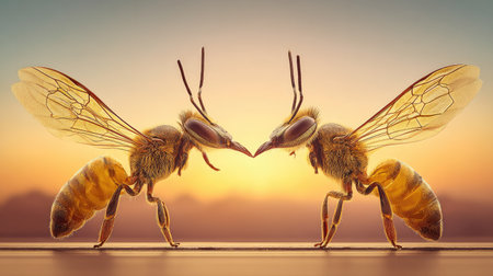 Detailed, low-angle rendering featuring two fuzzy, striped insects, resembling honeybees, positioned symmetrically nose-to-nose. The background depicts a soft gradient sky suggesting dawn or dusk, with warm yellow and orange light illuminating the scene and highlighting the delicate, veined structures of their wings.の素材
