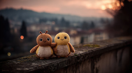 Photograph captures two small, fuzzy stuffed creatures, one brown with small antennae and the other yellow, sitting side-by-side, linking arms on a weathered, moss-covered stone parapet. The background is a softly blurred panoramic view of a hillside town under the diffused, warm light of either sunrise or sunset.の素材