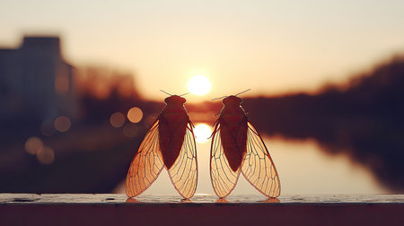 Shot featuring two cicada-like insects standing side-by-side on a narrow, horizontal surface, perfectly silhouetted against the bright glow of a setting sun over a body of water, with soft, out-of-focus background elements suggesting an urban or natural environment with scattered light orbs.の素材