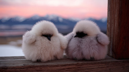Two extremely fluffy baby birds, one appearing mostly white and the other with a slight lavender or pale gray tint to its down, are perched side-by-side on a weathered wooden surface, seemingly touching wings. The background is a beautifully blurred outdoor scene featuring snow-dusted mountains under the delicate pink and purple glow of either dawn or dusk.の素材