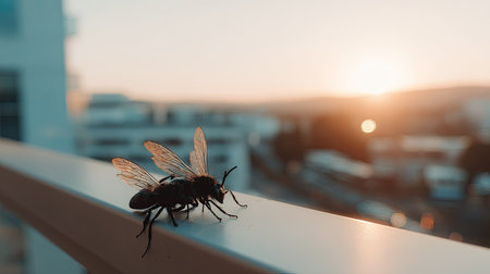 Shallow depth of field photograph features two dark, possibly black, winged insects resting on a white or light-colored balcony railing, silhouetted against a bright, soft sunset or sunrise over an urban landscape with blurred buildings in the distance.の素材
